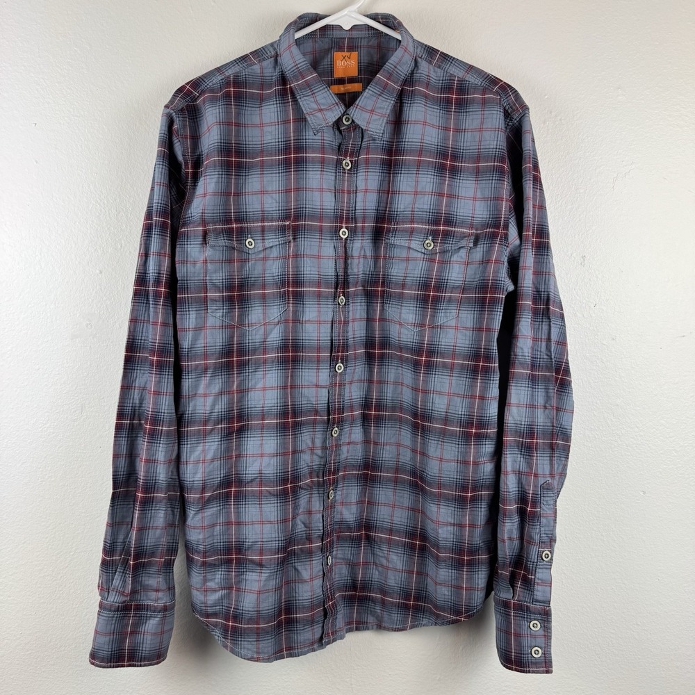 HUGO BOSS - Orange line - Mens long‎ sleeve button SLIM plaid shirt - L